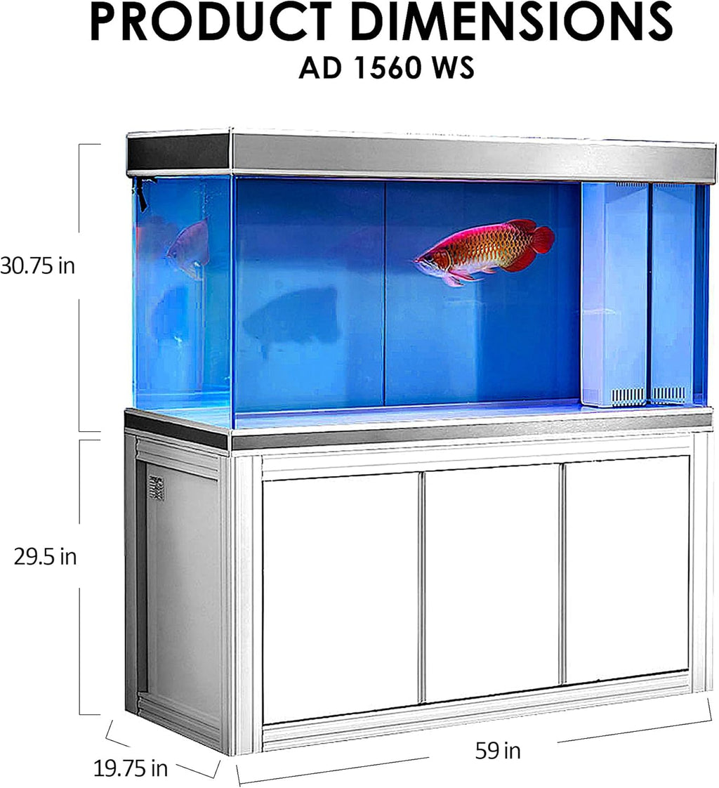 175 Gallon Glass Aquarium with Aluminum Cabinet - Including Sump for Filtration and Circulation, Plumbing, LED, White