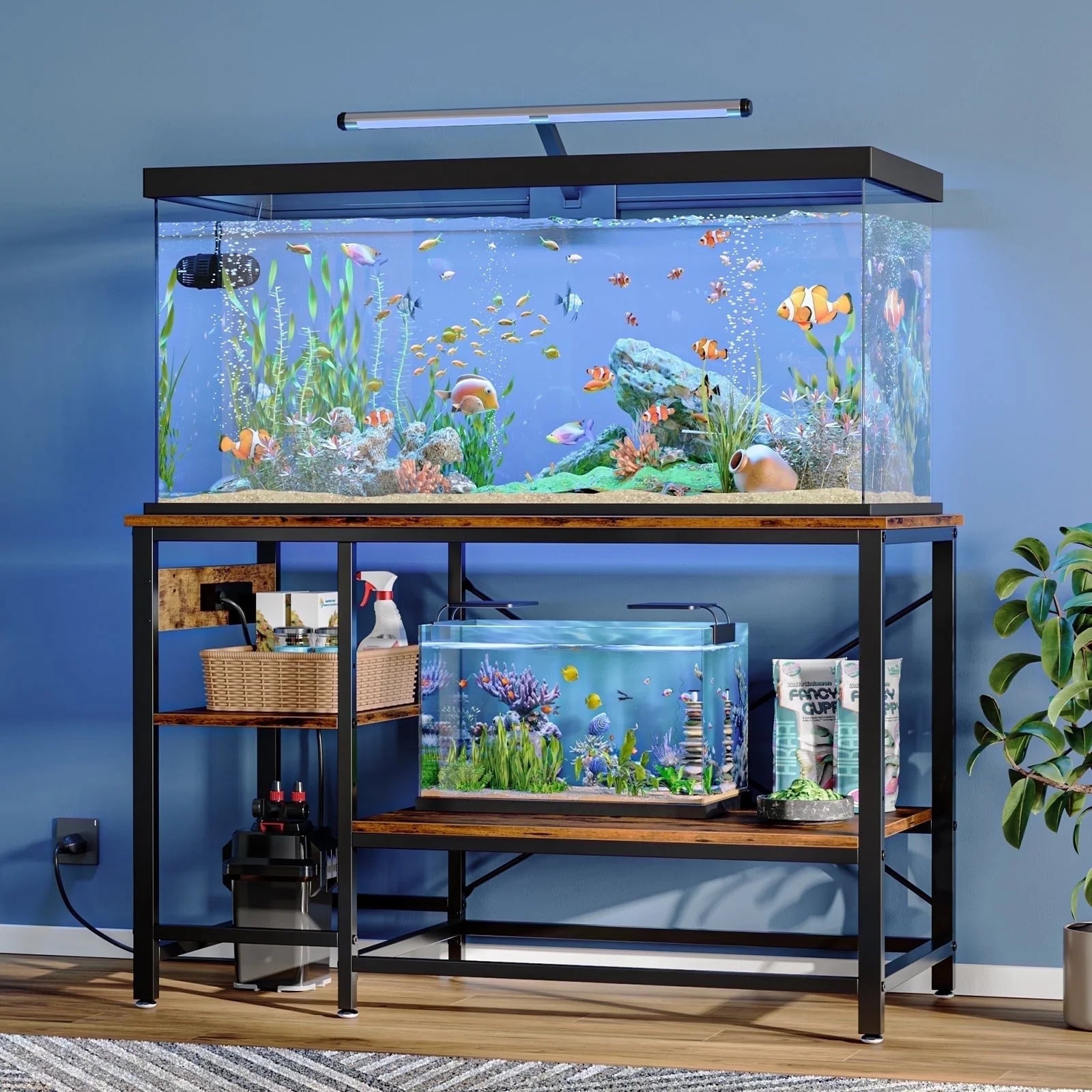 55 Gallon Fish Tank Stand with Power Outlets, 3-Tier Heavy Duty Metal Aquarium Stand Reversible Storage Shelf