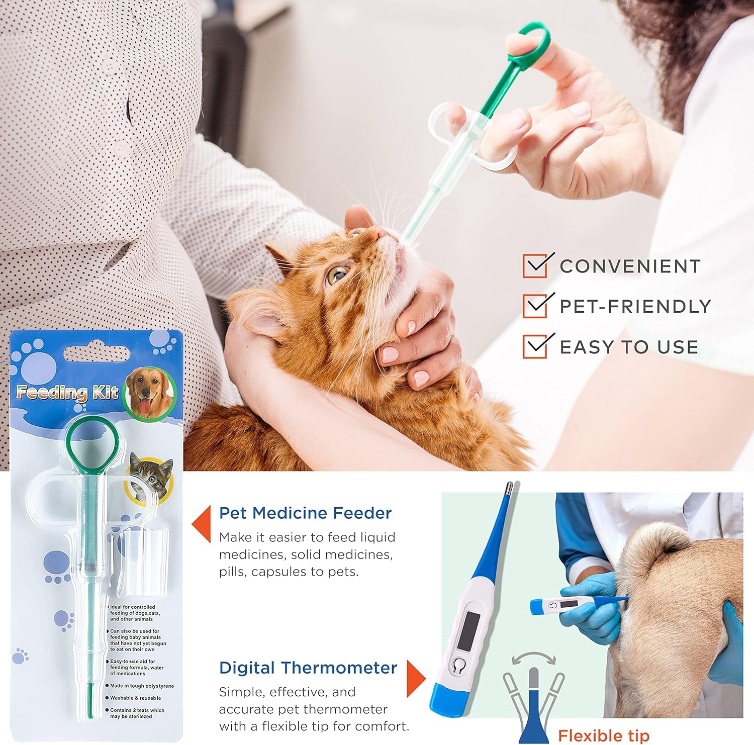 Cat & Dog First Aid Kit - High Visibility Reflective Zipper with Fluorescent Letter Print - 100 Pcs with Dog Thermometer, Tick Remover Kit & Pet First Aid Kit Manual Book
