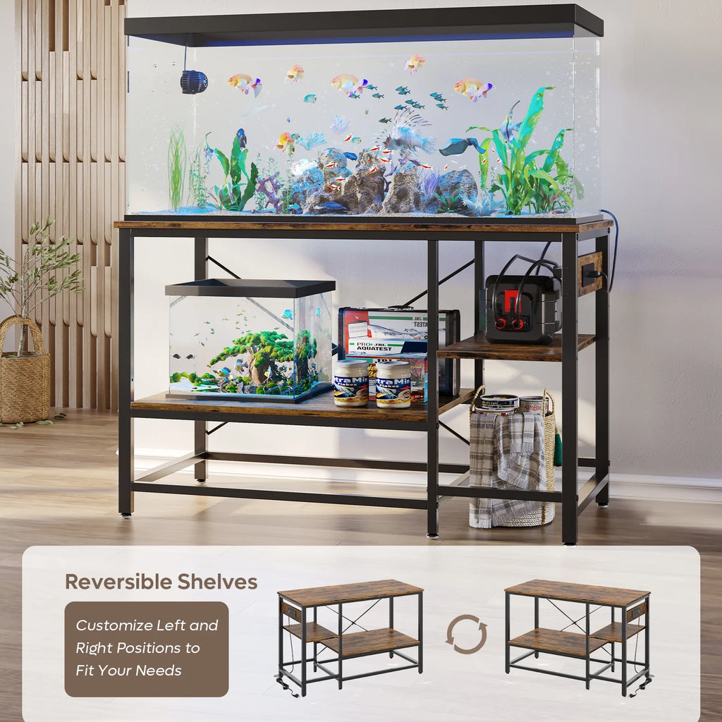 55 Gallon Fish Tank Stand with Power Outlets, 3-Tier Heavy Duty Metal Aquarium Stand Reversible Storage Shelf