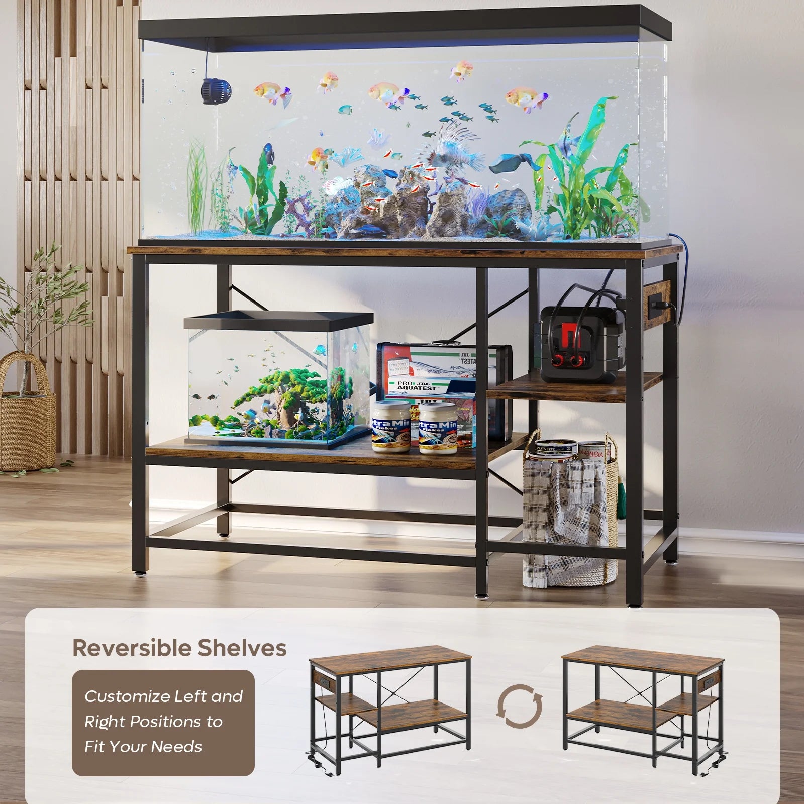 55 Gallon Fish Tank Stand with Power Outlets, 3-Tier Heavy Duty Metal Aquarium Stand Reversible Storage Shelf