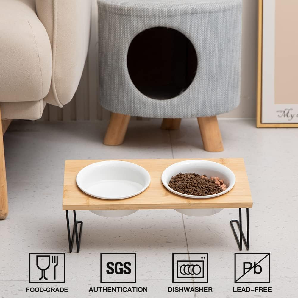 Sweejar Ceramic Elevated Cat Bowls, Small Dog Bowls, 15° Tilted Raised Pet Bowl with Solid Wooden Stand to Protect Spine, Water and Food Feeder for Cat and Dog, Pack of 2 (White)