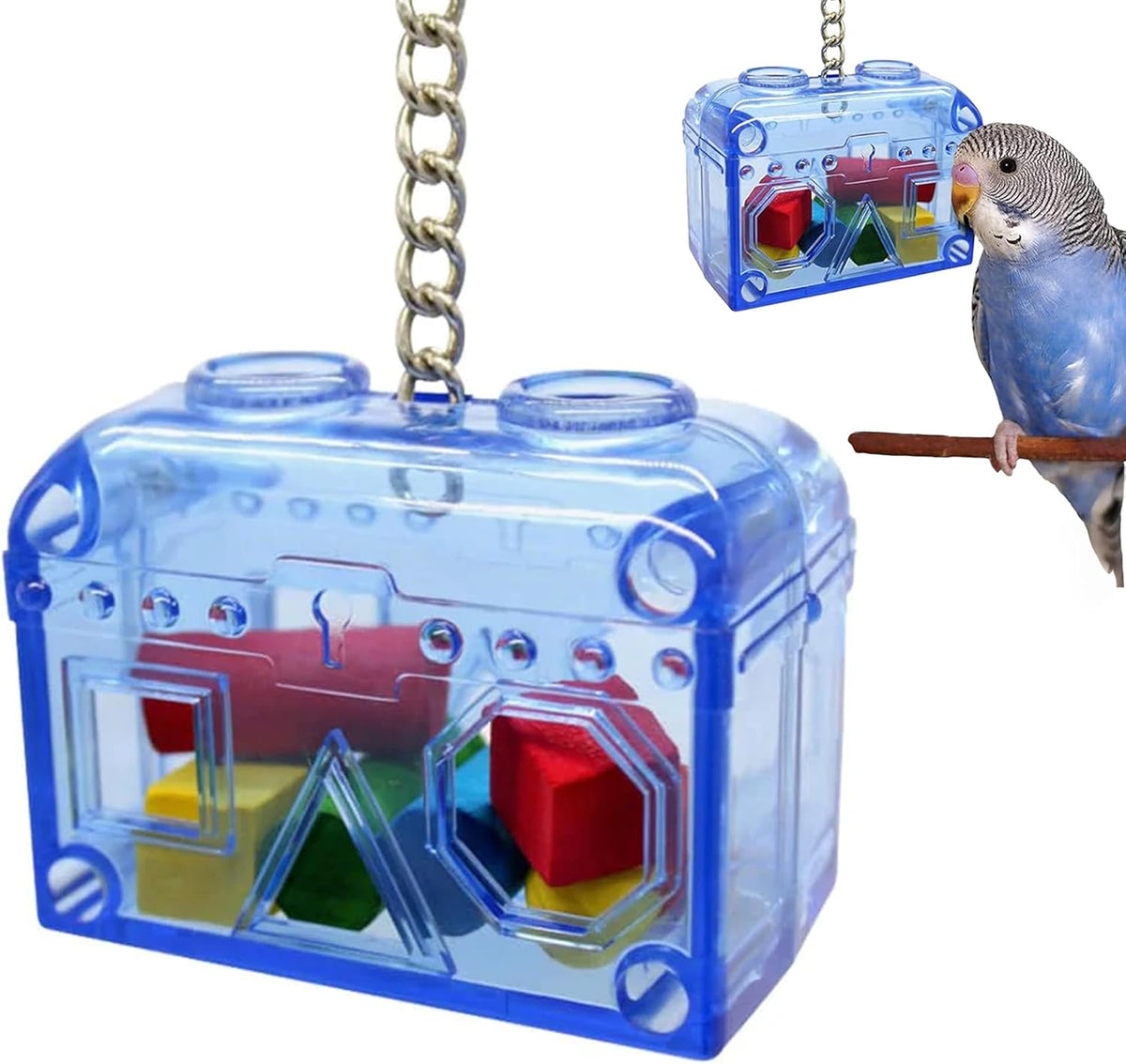 Treasure Chest Toy - Puzzle & Foraging Toys for Birds - Durable Plastic Bird Foraging Box W/ Colorful Wooden Shapes - Parrot Puzzle Toys - Small & Large Bird Toys for Cockatiels, Lovebirds & More