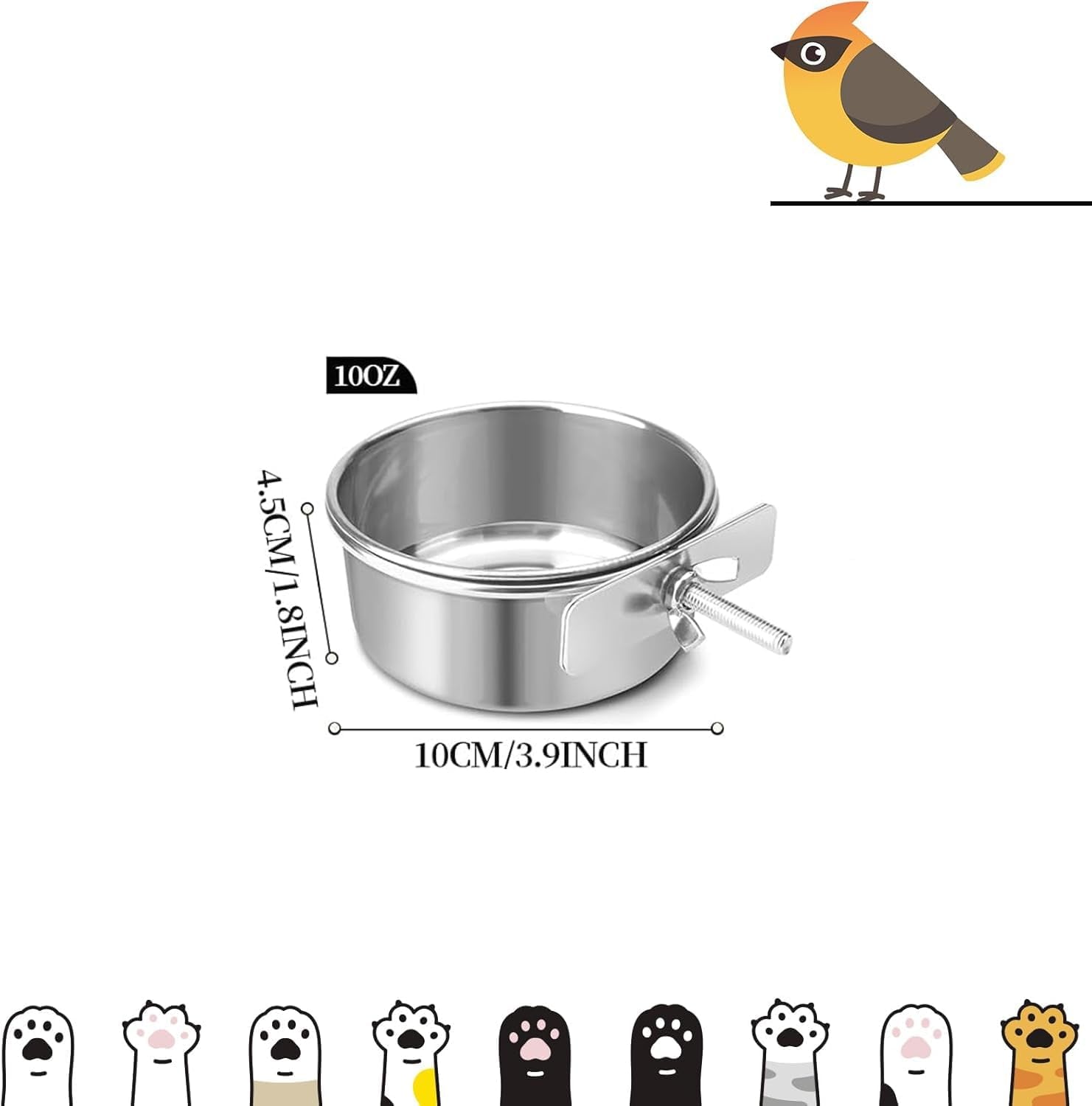 Bird Cage Feeder, Bird Feeder for Cage, 2 Pcs 10Oz Stainless Steel Food Water Bowls with Clamp, Hanging Coop Cups for Parrot Cockatiel Hamster Rabbit Rat Small Animals