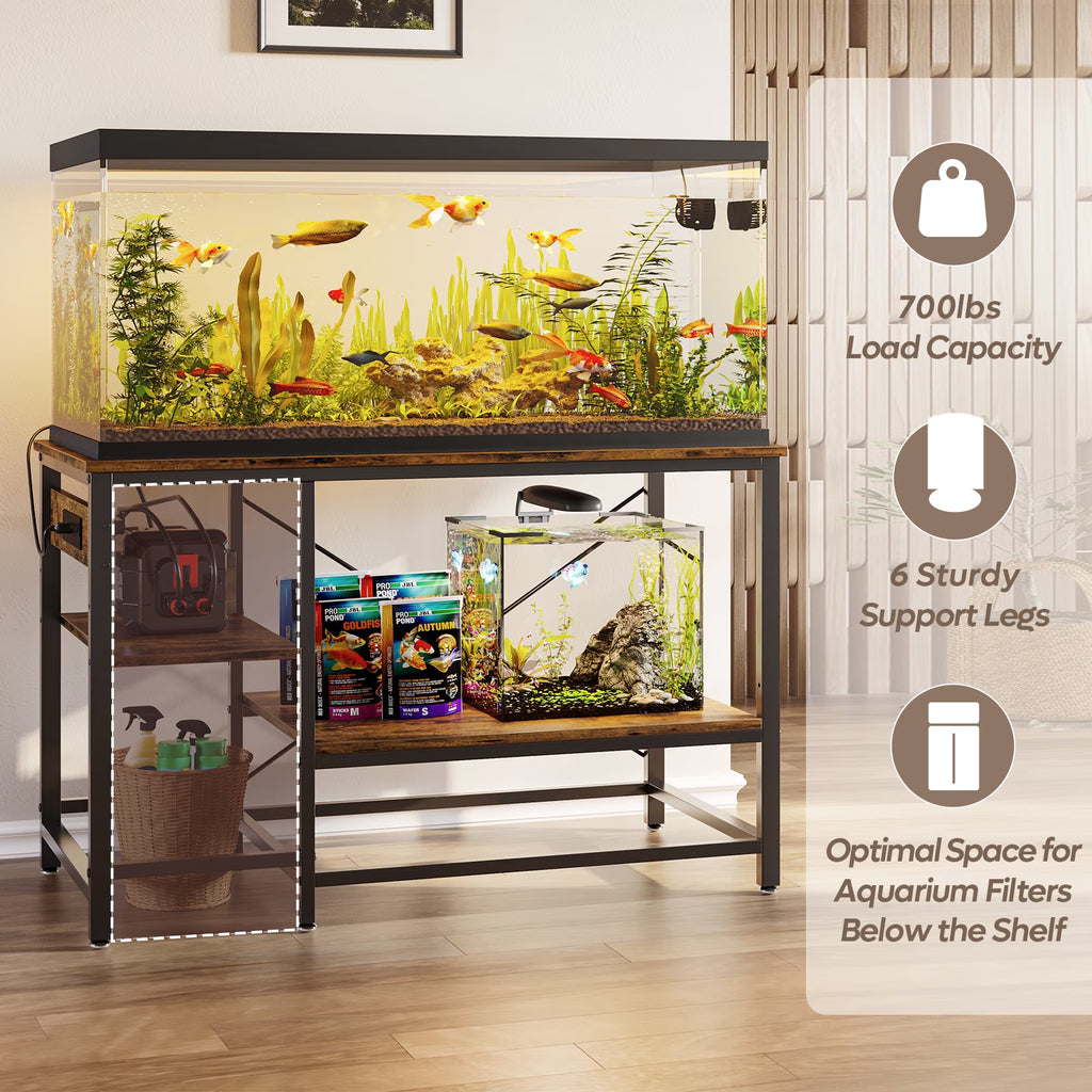 55 Gallon Fish Tank Stand with Power Outlets, 3-Tier Heavy Duty Metal Aquarium Stand Reversible Storage Shelf