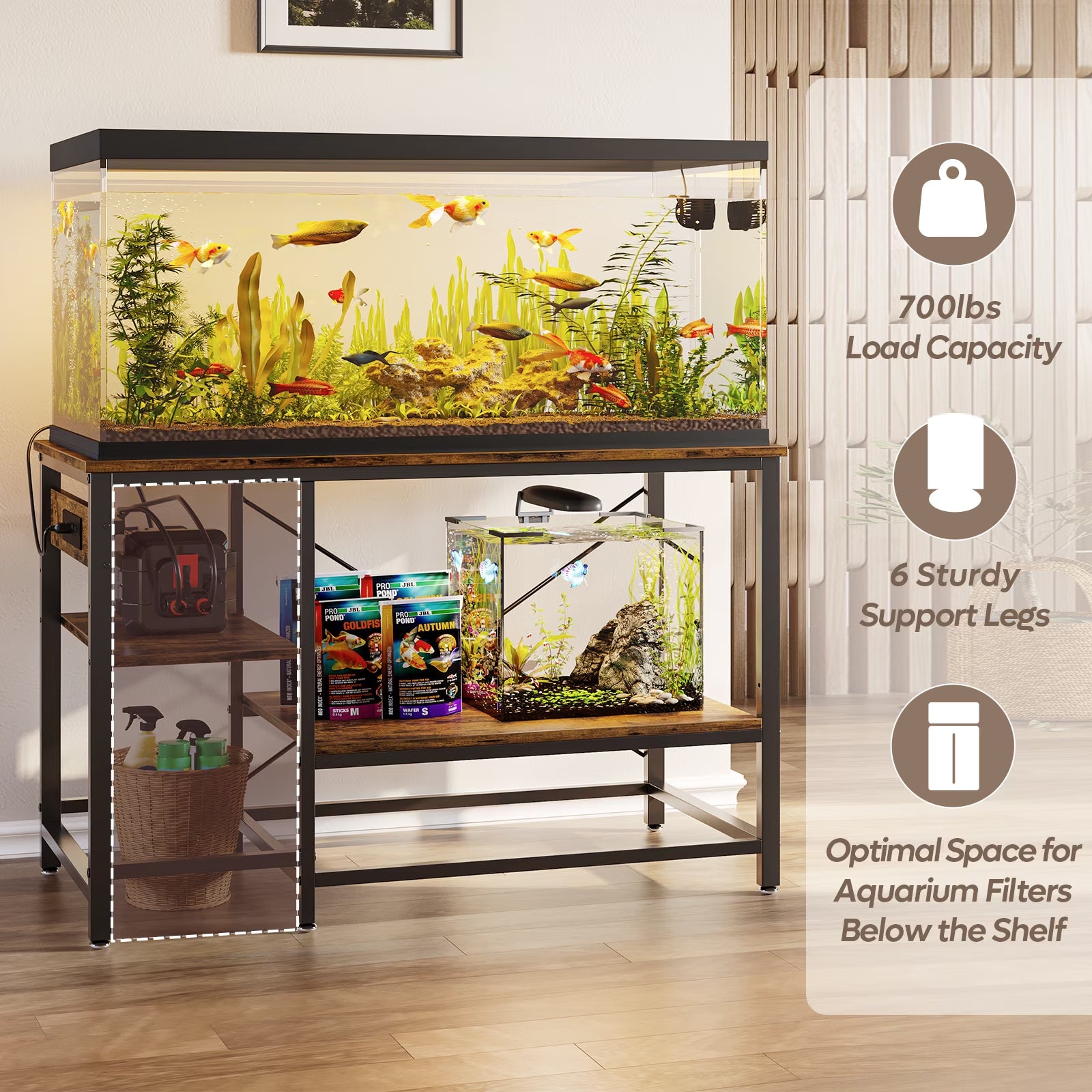 55 Gallon Fish Tank Stand with Power Outlets, 3-Tier Heavy Duty Metal Aquarium Stand Reversible Storage Shelf