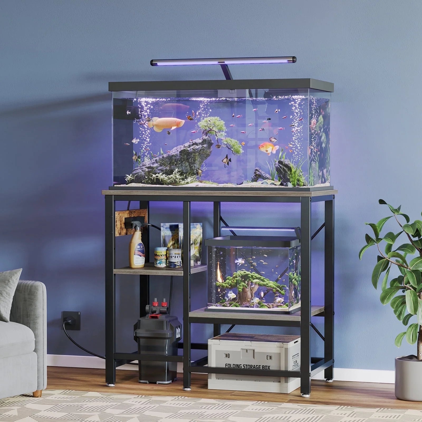 55 Gallon Fish Tank Stand with Power Outlets, 3-Tier Heavy Duty Metal Aquarium Stand Reversible Storage Shelf