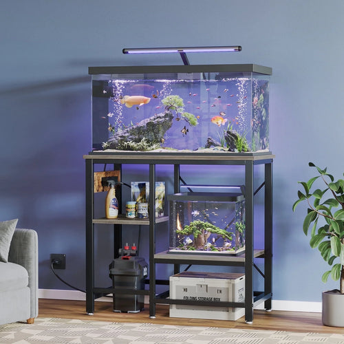 55 Gallon Fish Tank Stand with Power Outlets, 3-Tier Heavy Duty Metal Aquarium Stand Reversible Storage Shelf