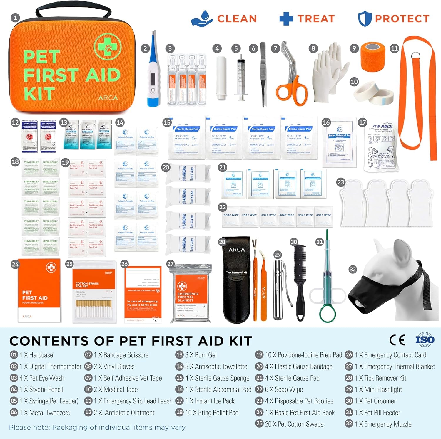 Cat & Dog First Aid Kit - High Visibility Reflective Zipper with Fluorescent Letter Print - 100 Pcs with Dog Thermometer, Tick Remover Kit & Pet First Aid Kit Manual Book