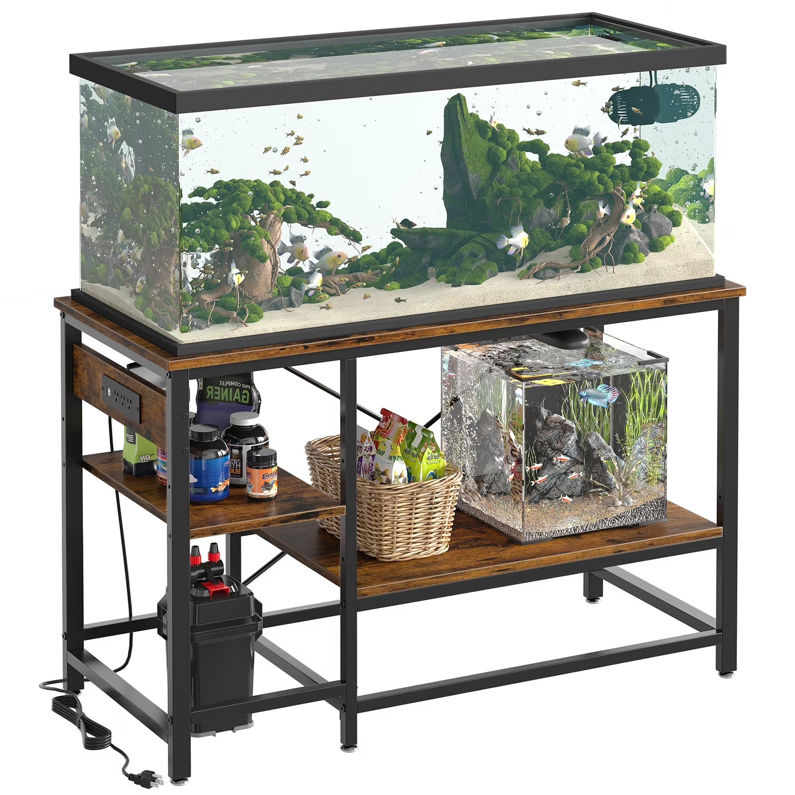 55 Gallon Fish Tank Stand with Power Outlets, 3-Tier Heavy Duty Metal Aquarium Stand Reversible Storage Shelf