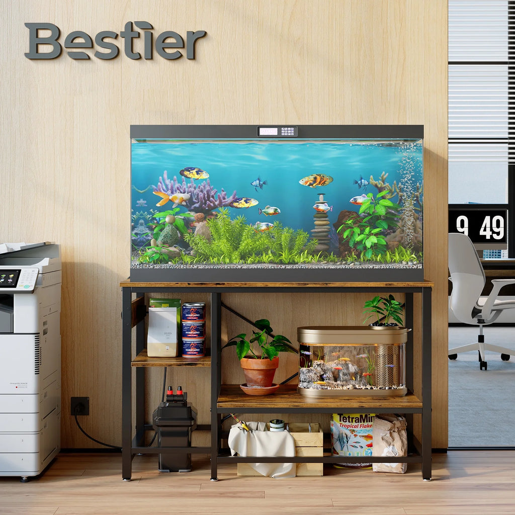 55 Gallon Fish Tank Stand with Power Outlets, 3-Tier Heavy Duty Metal Aquarium Stand Reversible Storage Shelf