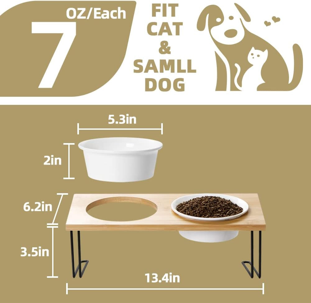 Sweejar Ceramic Elevated Cat Bowls, Small Dog Bowls, 15° Tilted Raised Pet Bowl with Solid Wooden Stand to Protect Spine, Water and Food Feeder for Cat and Dog, Pack of 2 (White)