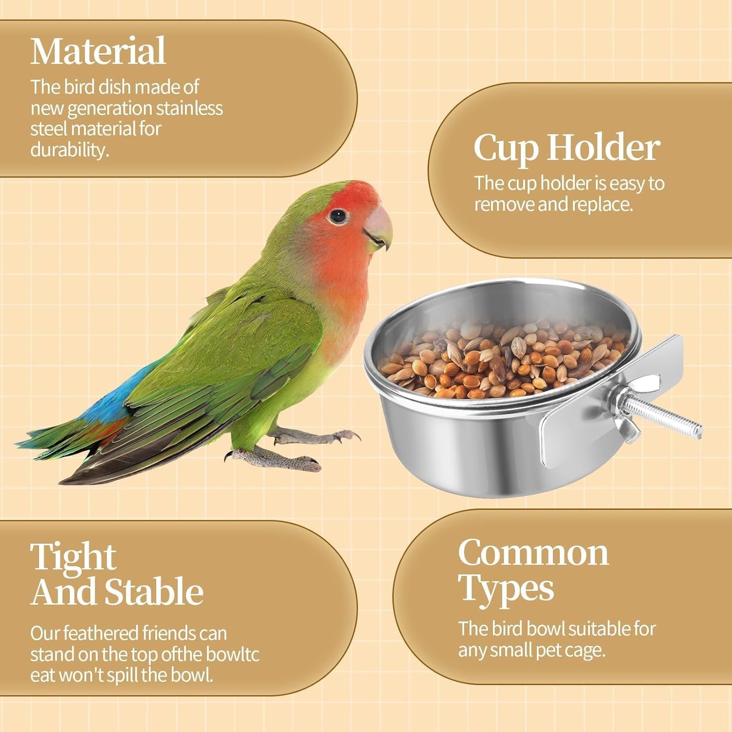 Bird Cage Feeder, Bird Feeder for Cage, 2 Pcs 10Oz Stainless Steel Food Water Bowls with Clamp, Hanging Coop Cups for Parrot Cockatiel Hamster Rabbit Rat Small Animals