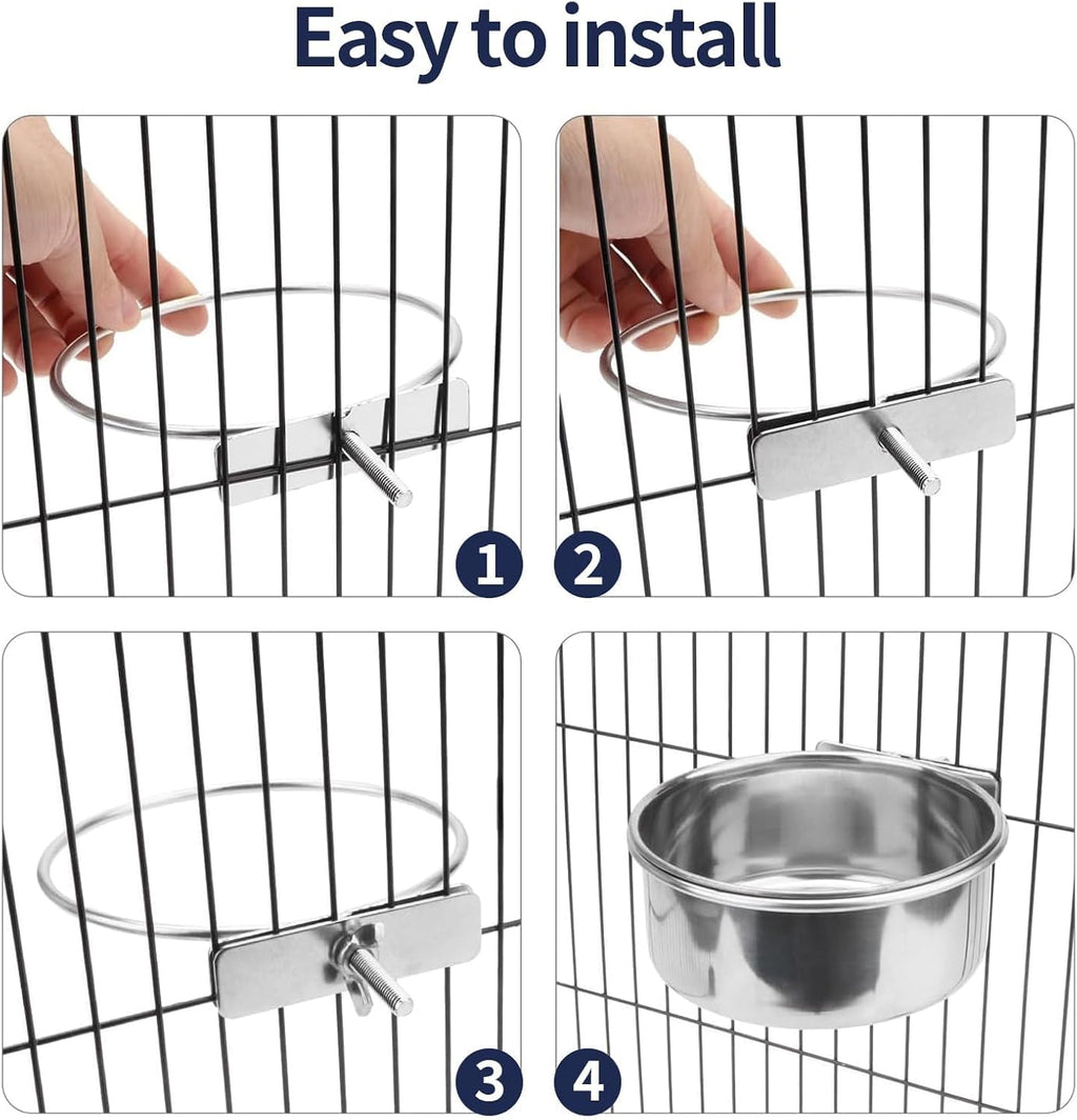 Bird Cage Feeder, Bird Feeder for Cage, 2 Pcs 10Oz Stainless Steel Food Water Bowls with Clamp, Hanging Coop Cups for Parrot Cockatiel Hamster Rabbit Rat Small Animals